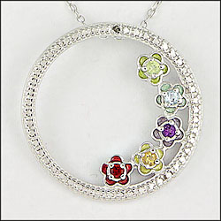 Multi-Gemstone Flower and Diamond Circle Pendant, 18”