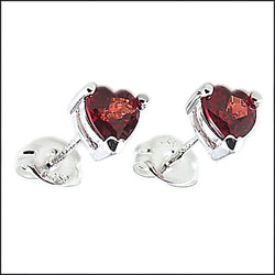 Garnet Red Heart Post Earrings, Sterling Silver