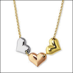 Three-Hearts Tri-Color Necklace, 14K Gold