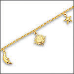 14K Gold Charm Anklet/Bracelet with Sun, Moon, Star Charms